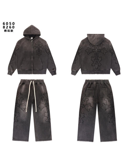 Embroidered Distressed Washed Version Zippe Hoodie & Pants Set 2 colors 28755586