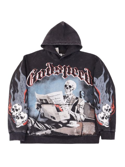 Skull Reading Newspaper Print Washed Version Hoodie 2 colors 28598178