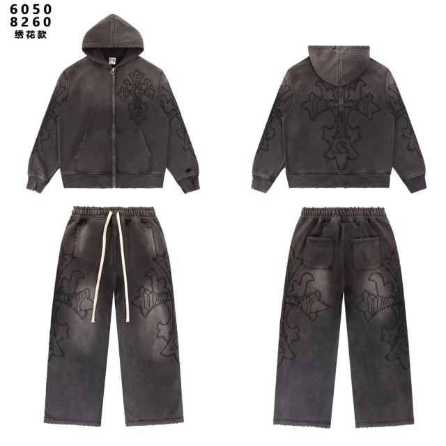 Embroidered Distressed Washed Version Zippe Hoodie & Pants Set 2 colors 28755586