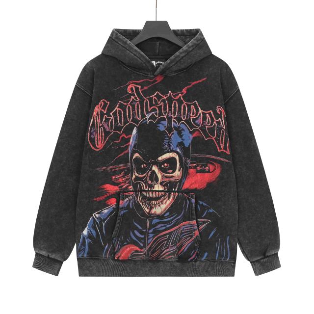 Black Cycling Suit Skull Print Washed Hoodie 2 colors 28696537