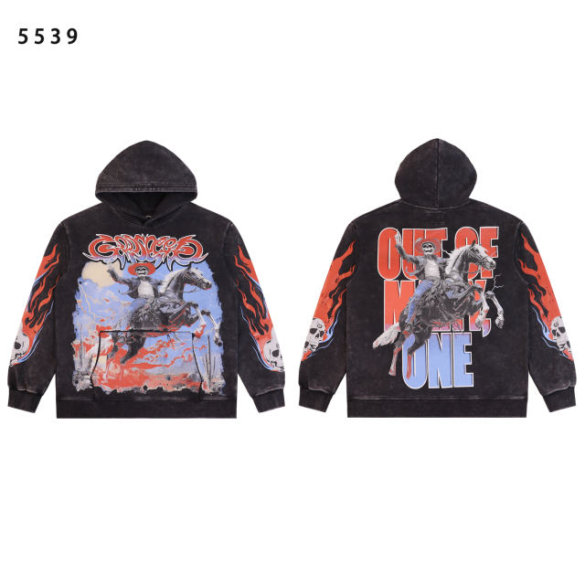 Skeleton Horse Riding Flame Print Washed Version Hoodie 2 colors 28576268