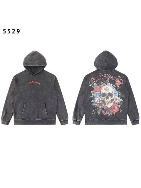Skull Rose print Washed Version Hoodie 2 colors 28462023