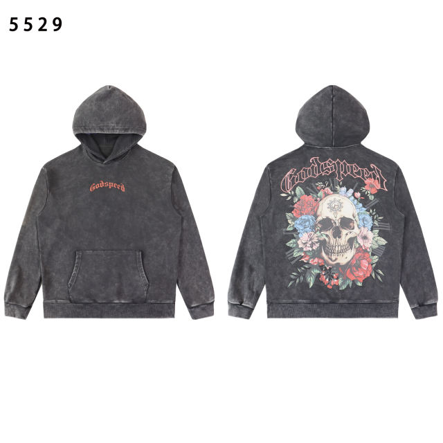 Skull Rose print Washed Version Hoodie 2 colors 28462023