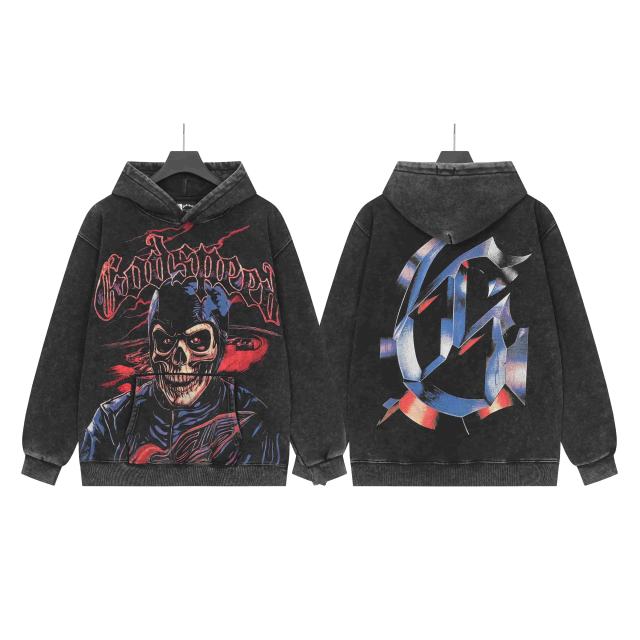 Black Cycling Suit Skull Print Washed Hoodie 2 colors 28696537