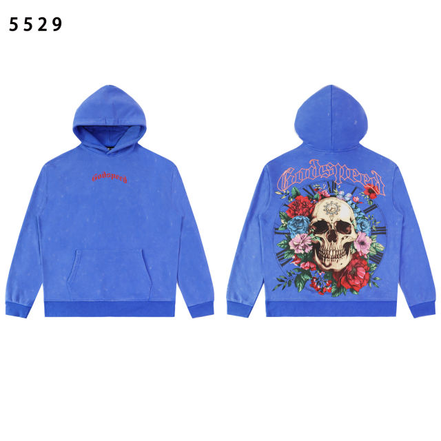 Skull Rose print Washed Version Hoodie 2 colors 28462023