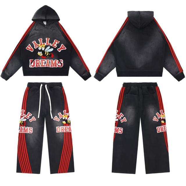 Angry Bee Print Washed Version Hoodie & Pants Set 4 colors 28705419