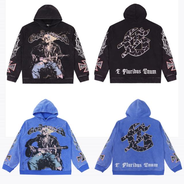 Skeleton Playing Guitar Print Washed Hoodie 2 colors 28620253