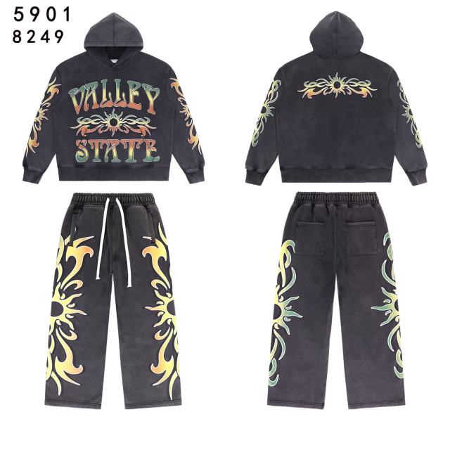 Gradient Sunflower Pattern Print Washed Version Hoodie & Pants Set 2 colors 28705417