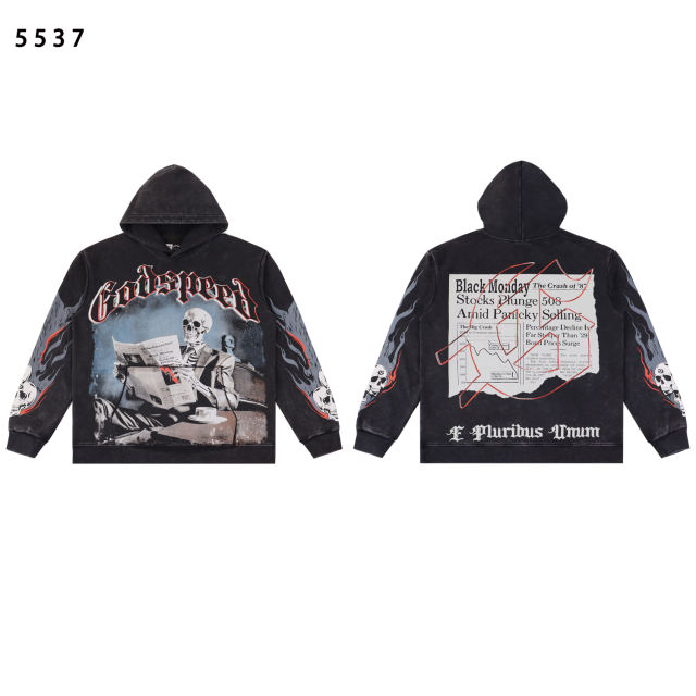 Skull Reading Newspaper Print Washed Version Hoodie 2 colors 28598178