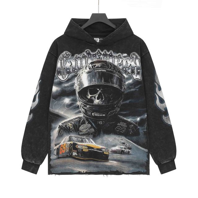 Skeleton Black Knight Print Washed Hoodie 28696540