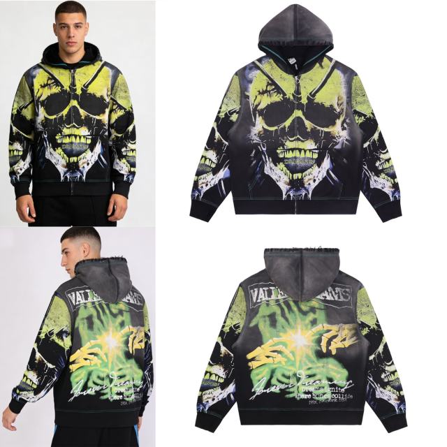 Fluorescent Skeleton Print Washed Distressed Zip-Up Cardigan Hoodie 28978994