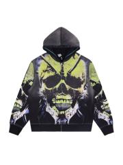 Fluorescent Skeleton Print Washed Distressed Zip-Up Cardigan Hoodie 28978994
