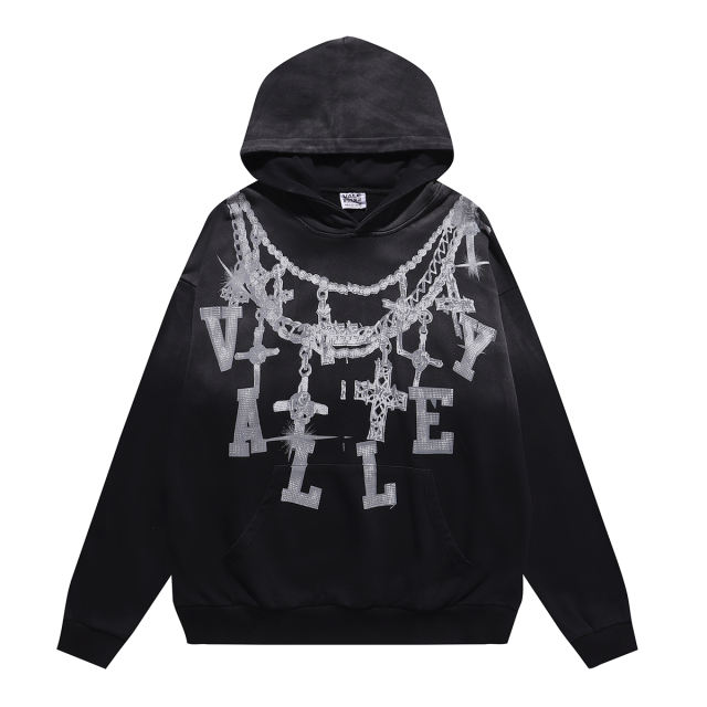 Large Chain Back Letter Printed Washed Version Hoodie 28711245