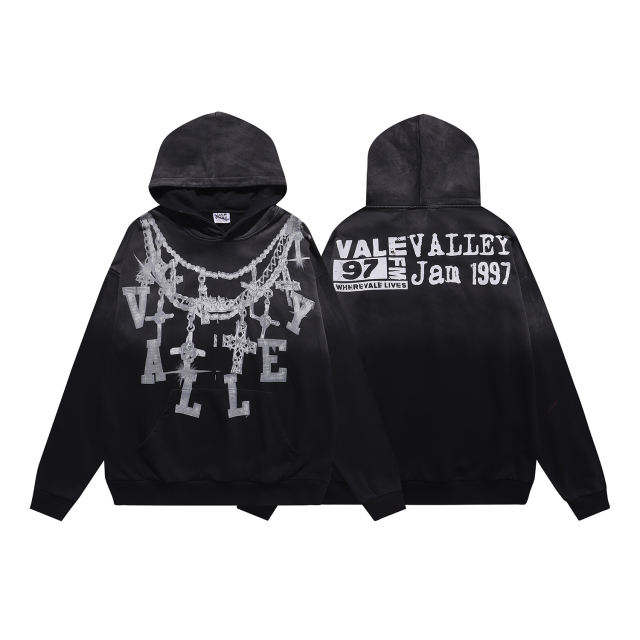 Large Chain Back Letter Printed Washed Version Hoodie 28711245