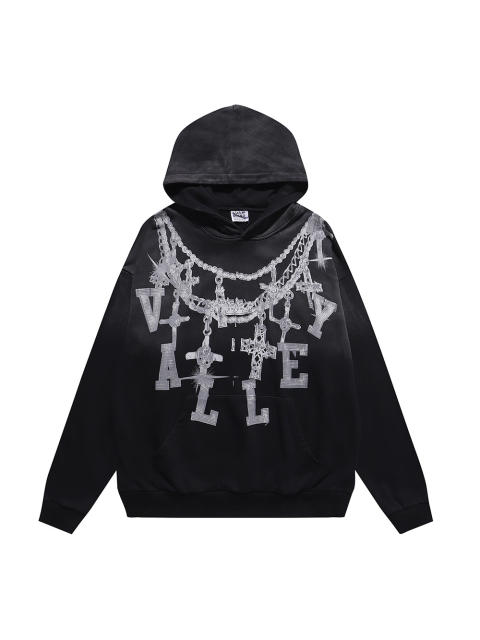 Large Chain Back Letter Printed Washed Version Hoodie 28711245