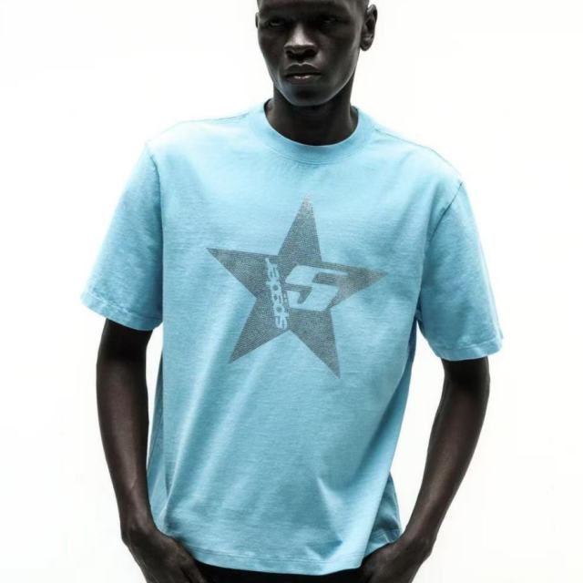 1:1 Top Quality Light Blue T-shirt with Big Star Rhinestones