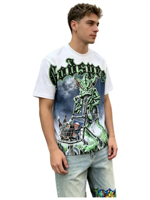 White funny green devil hot-fix rhinestone printed short-sleeved T-shirt 29033491