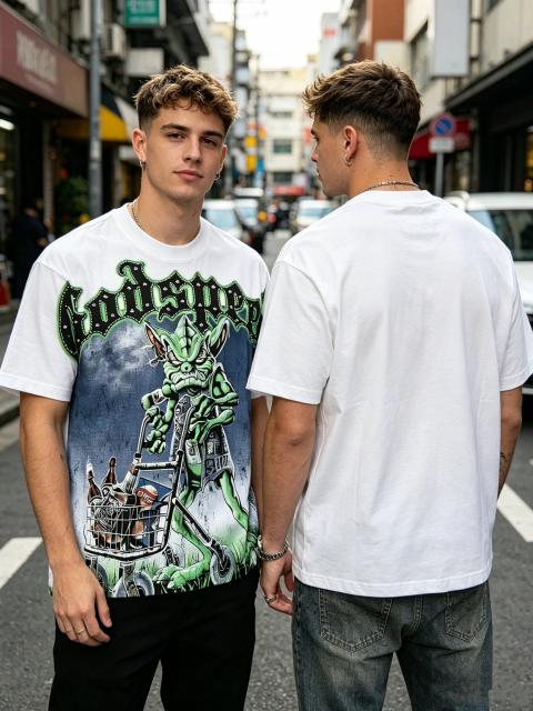 White funny green devil hot-fix rhinestone printed short-sleeved T-shirt 29033491