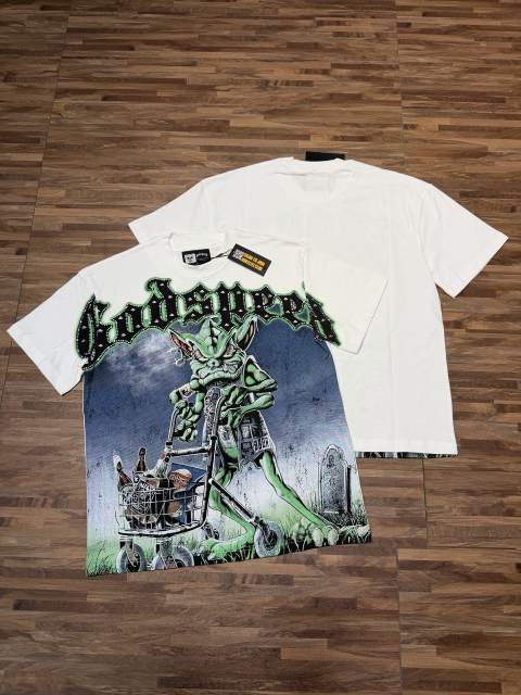 White funny green devil hot-fix rhinestone printed short-sleeved T-shirt 29033491