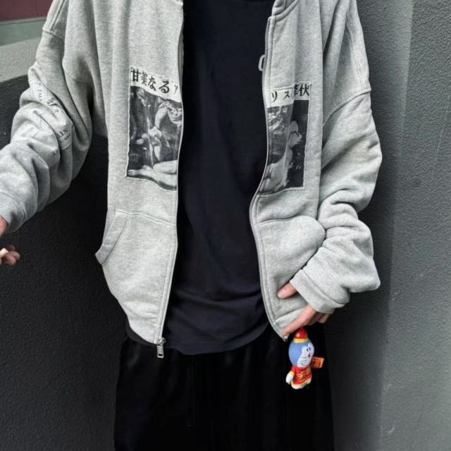 ERD Japanese Print Zip Up Hoodie Grey