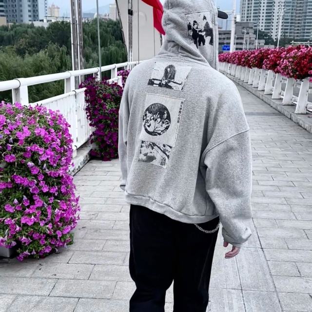 ERD Japanese Print Zip Up Hoodie Grey