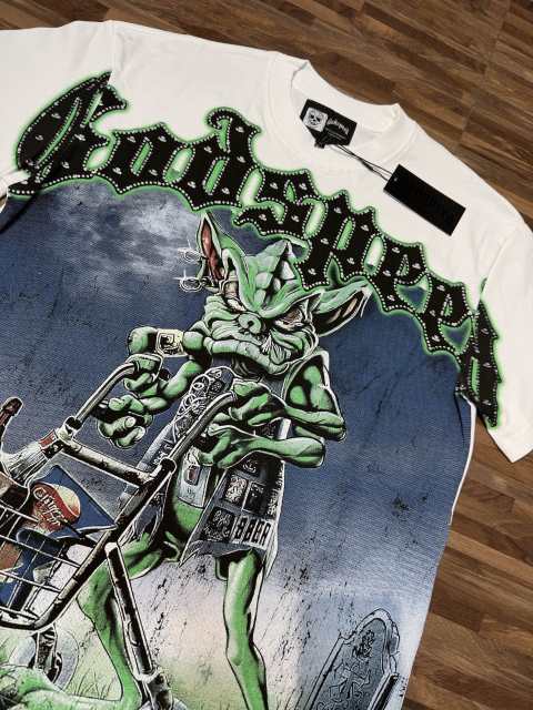 White funny green devil hot-fix rhinestone printed short-sleeved T-shirt 29033491