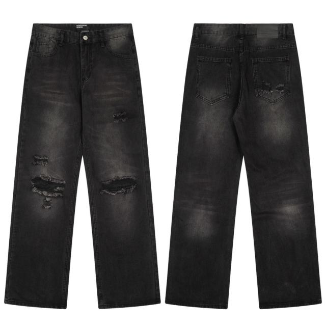ERD Black Destroyed Wide Leg Jeans Vintage Frayed Knee Denim Pants