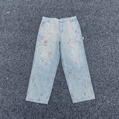 ERD Blood Splatter Carpenter Pants Hickory Stripe Distressed Workwear Jeans