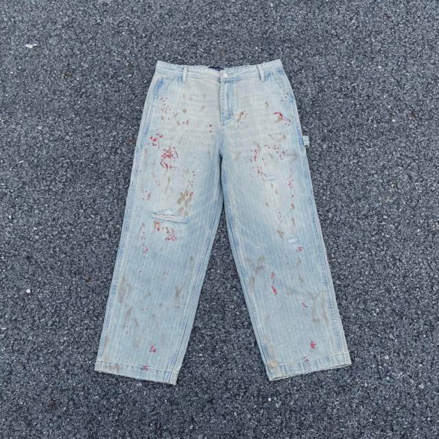 ERD Blood Splatter Carpenter Pants Hickory Stripe Distressed Workwear Jeans