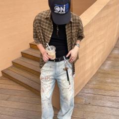 ERD Blood Splatter Carpenter Pants Hickory Stripe Distressed Workwear Jeans