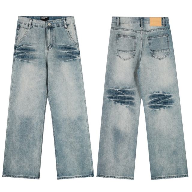 ERD Knee Pleated Wide Leg Jeans Light Wash 3D Crease Denim Pants