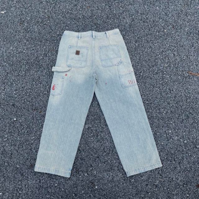 ERD Blood Splatter Carpenter Pants Hickory Stripe Distressed Workwear Jeans