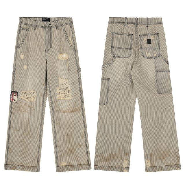ERD Hickory Stripe Carpenter Pants Vintage Mud Wash Distressed Workwear