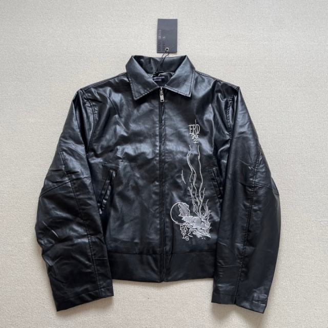 ERD Double-Sided Embroidered Leather Jacket Black Surreal Graphic Bomber Coat