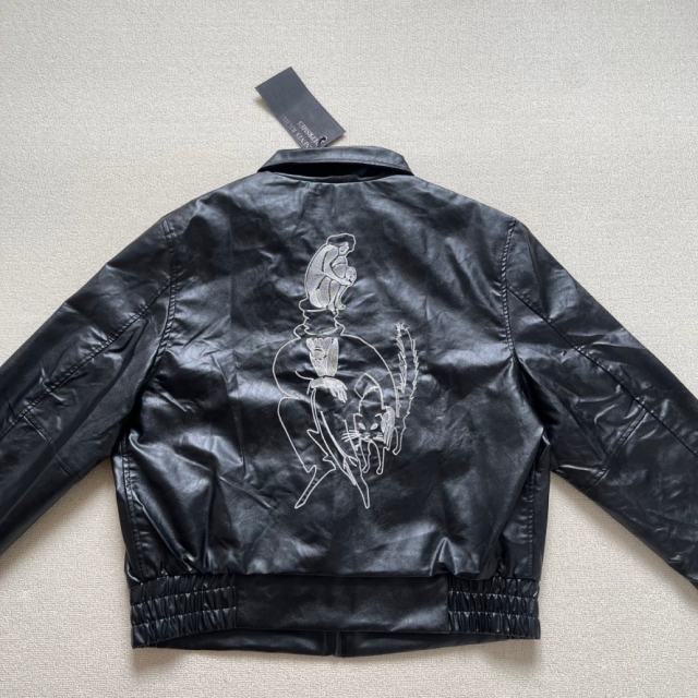 ERD Double-Sided Embroidered Leather Jacket Black Surreal Graphic Bomber Coat