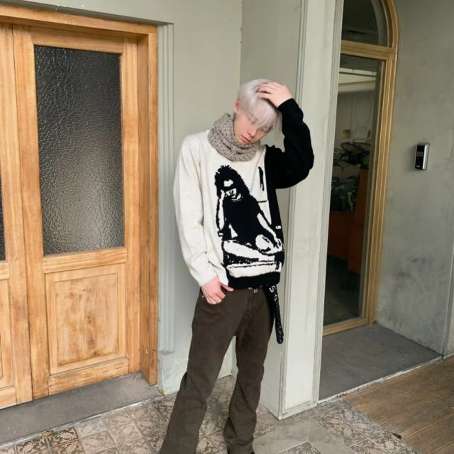 ERD Portrait Jacquard Knit Sweater Black Minimalist Face Graphic Pullover