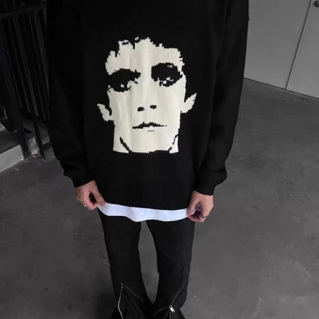 ERD Portrait Jacquard Knit Sweater Black Minimalist Face Graphic Pullover