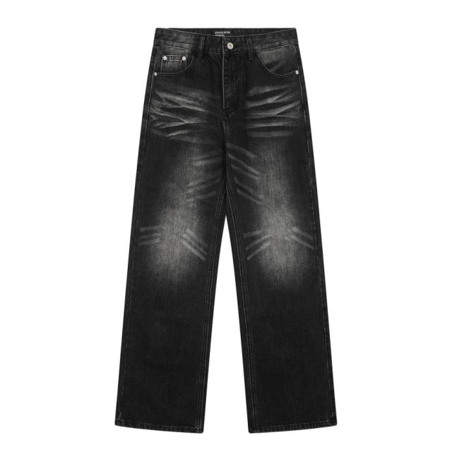 ERD Black Cat Whisker Wide Leg Jeans Vintage Faded Baggy Denim Pants