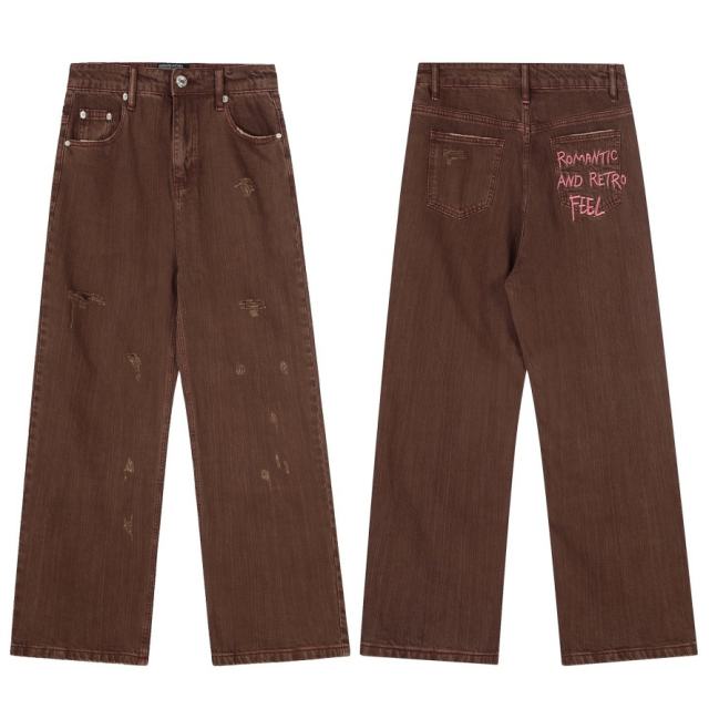 ERD Brown Graffiti Wide Leg Jeans Vintage Brown Distressed Denim Pants