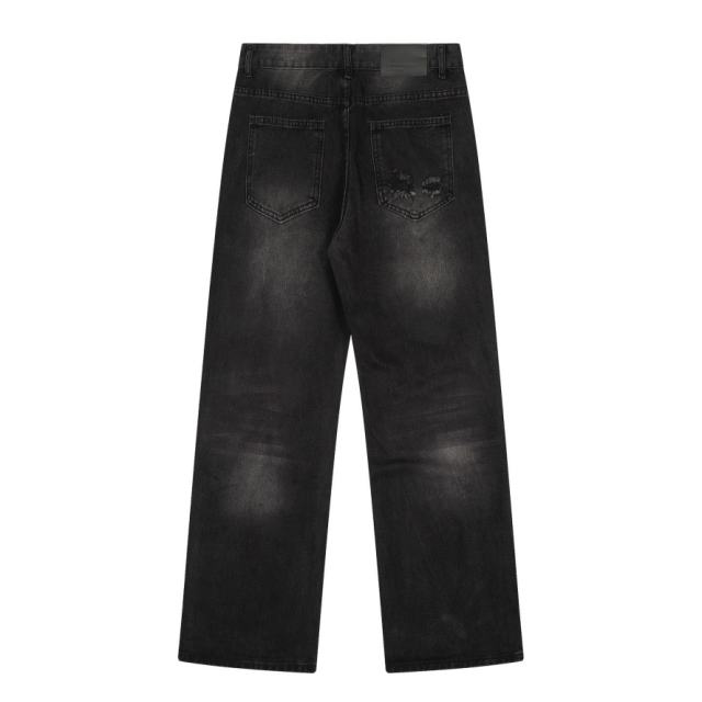 ERD Black Destroyed Wide Leg Jeans Vintage Frayed Knee Denim Pants