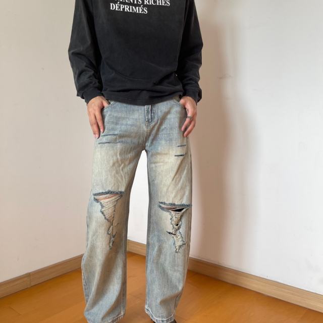 ERD Distressed Barrel Jeans Light Wash Baggy Wide Leg Denim