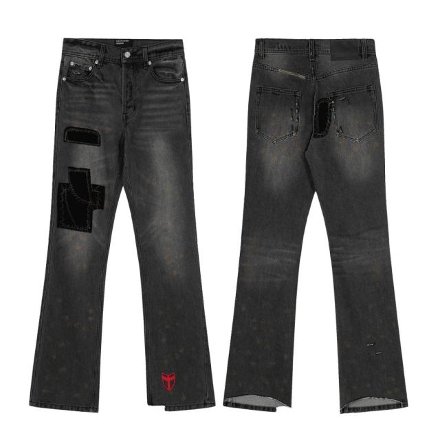 ERD Patchwork Flare Jeans Black Washed Distressed Bootcut Denim
