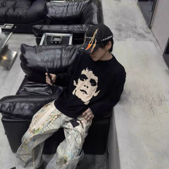 ERD Portrait Jacquard Knit Sweater Black Minimalist Face Graphic Pullover