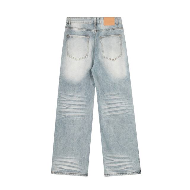 ERD Light Wash Wide Leg Jeans Vintage Washed Cat Whisker Denim