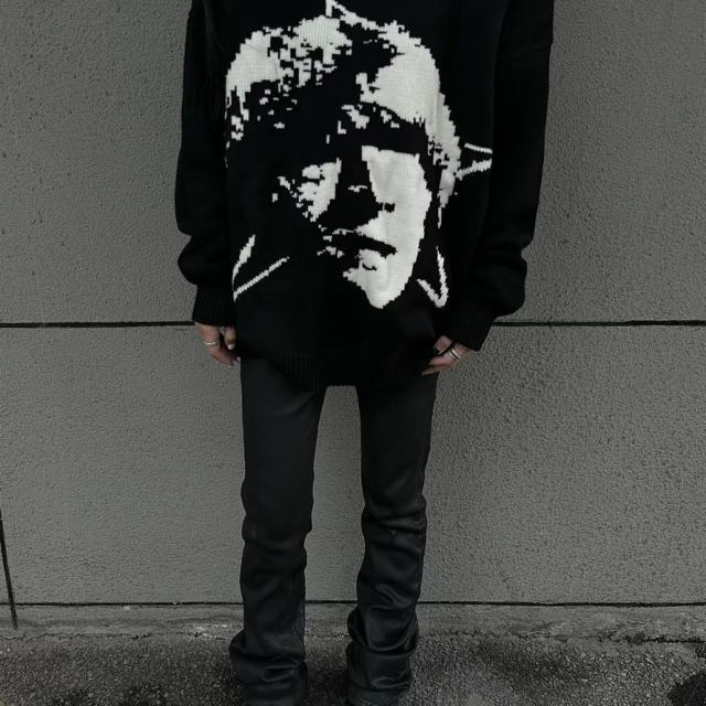 ERD Portrait Jacquard Knit Sweater Black Minimalist Face Graphic Pullover