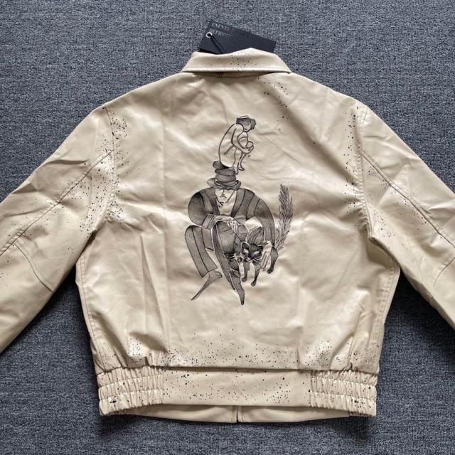 ERD Double-Sided Embroidered Leather Jacket Black Surreal Graphic Bomber Coat