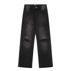 ERD Black Destroyed Wide Leg Jeans Vintage Frayed Knee Denim Pants
