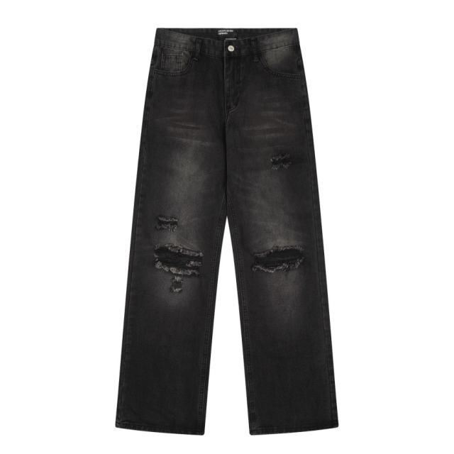 ERD Black Destroyed Wide Leg Jeans Vintage Frayed Knee Denim Pants