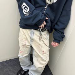 ERD Blood Splatter Carpenter Pants Hickory Stripe Distressed Workwear Jeans