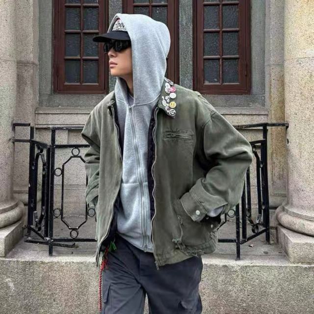 ERD Pin-Badge Distressed Workwear Jacket Olive Washed Military-Inspired Chore Coat